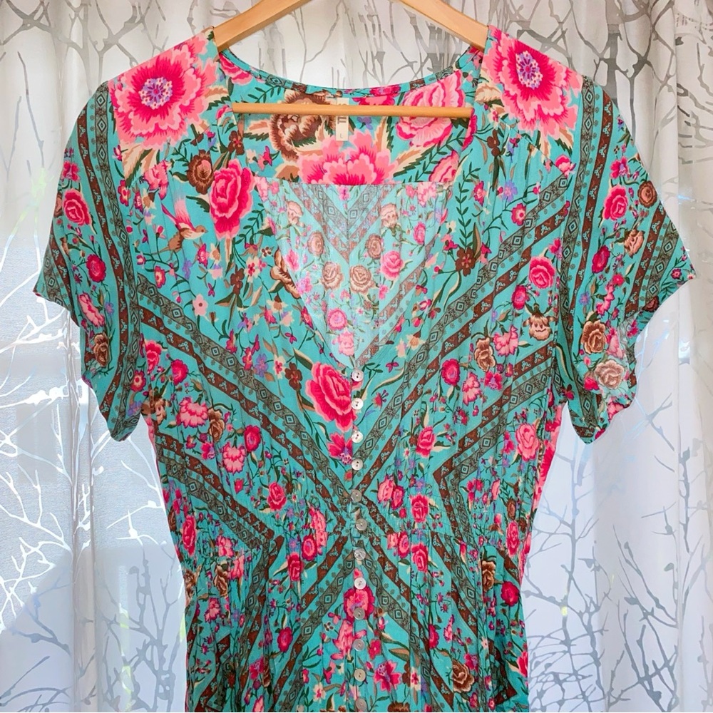SPELL AND THE GYPSEY PINK TURQUOISE FLORAL PRINT BUTTON UP BABUSHKA GOWN DRESS - Picture 8 of 13